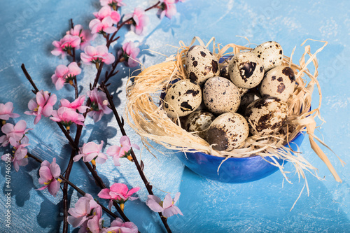 quail eggs inside nest in a easter background