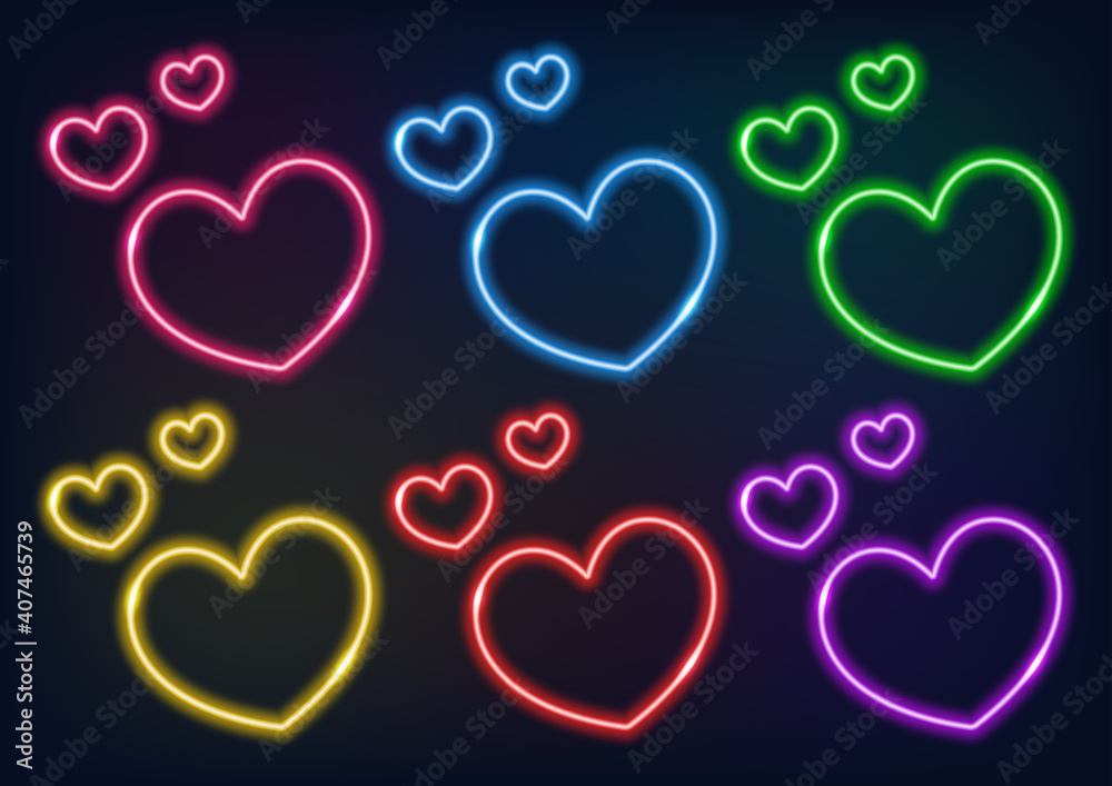 Neon frame. Set of neon hearts in different colors. Laser glowing lines on a black background. Love symbol. Neon frame. Set of neon hearts in different colors. Laser glowing lines on a black background. Love symbol.