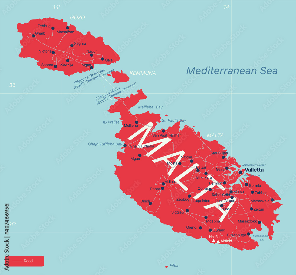 Malta country detailed editable map with regions cities and towns