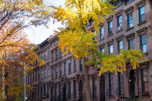 Row of Colorful Old Brownstone Homes in Park Slope Brooklyn New York with Trees during Autumn