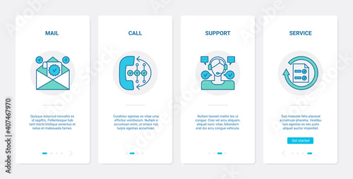 Customer support delivery service concept vector illustration. UX, UI onboarding mobile app page screen set with line call center operator with headphones, delivery hotline by phone, mail symbols