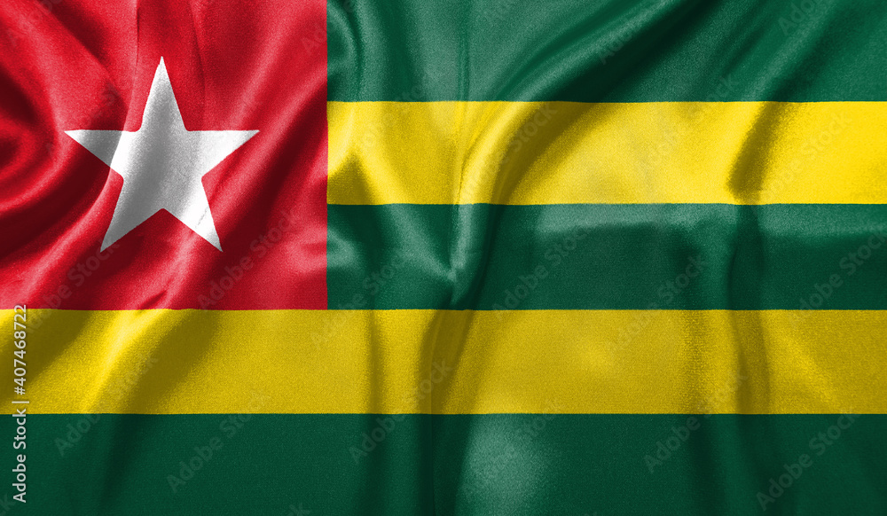 Togo flag wave close up. Full page Togo flying flag. Highly detailed realistic 3D rendering Togo flag wave close up. Full page Togo flying flag. Highly detailed realistic 3D rendering