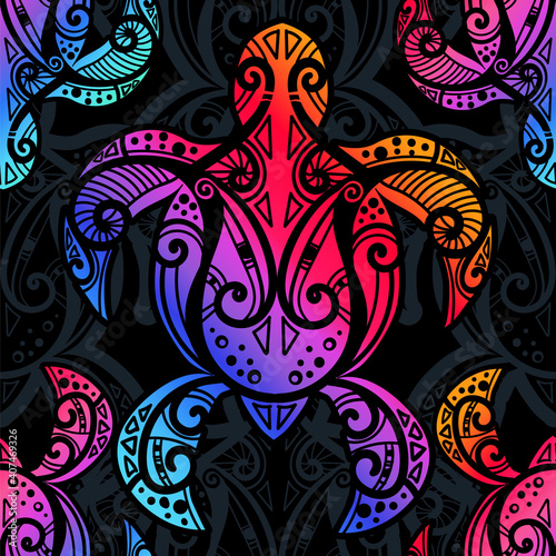 Seamless pattern - sea turtle in indigenous tribal Polynesian style. Maori tattoo design