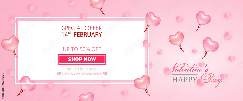 Love and Valentine's Day balloon Banner Sales label and mini heart and balloon of heart pink color of vector.