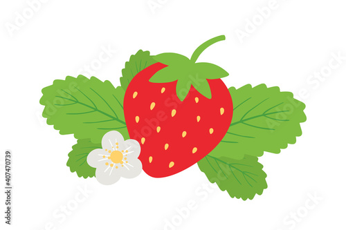 Red strawberry with green leaves and blossoming flower vector cartoon style icon, illustration.