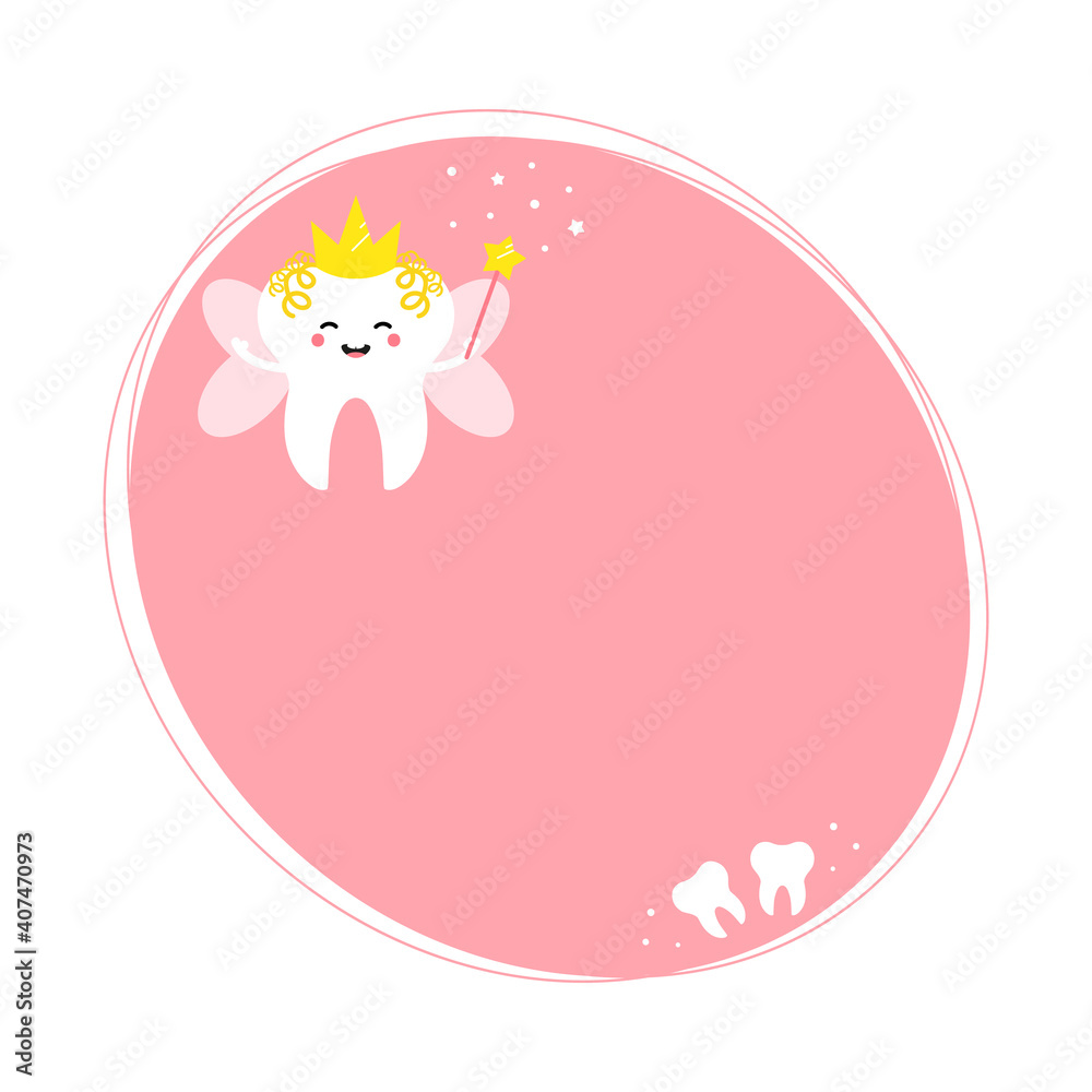 Cute pink vector background with cartoon tooth fairy character for kids dental service.
Cute pink vector background with cartoon tooth fairy character for kids dental service.