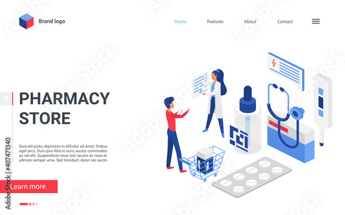 Isometric pharmacy store concept vector illustration. Cartoon landing page mobile pharma website design, man character choosing drugs in shop drugstore, talking to virtual pharmacist with pills list
