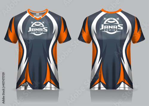 Esport gaming t shirt jersey template, uniform, front and back view