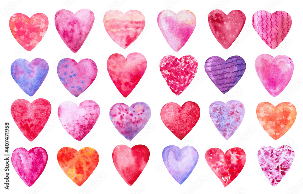 Watercolor set of hearts on a white background. Hearts for valentine's day holiday.