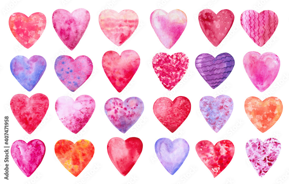 Watercolor set of hearts on a white background. Hearts for valentine's day holiday. Watercolor set of hearts on a white background. Hearts for valentine's day holiday.