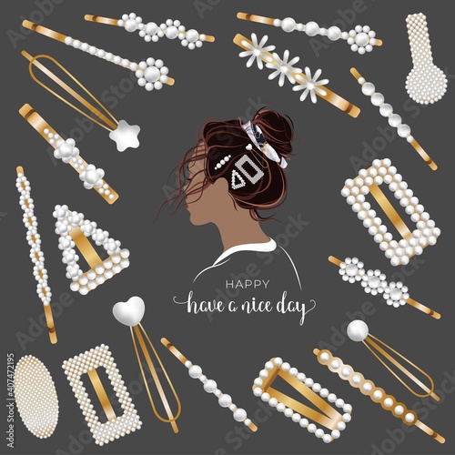 set of fashionable hairpins with pearls for hair, trendy accessories, a beautiful girl with a hairstyle, hair in a bun