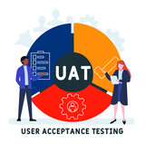 Flat design with people. UAT - User Acceptance Testing  acronym, business concept background.   Vector illustration for website banner, marketing materials, business presentation, online advertising.