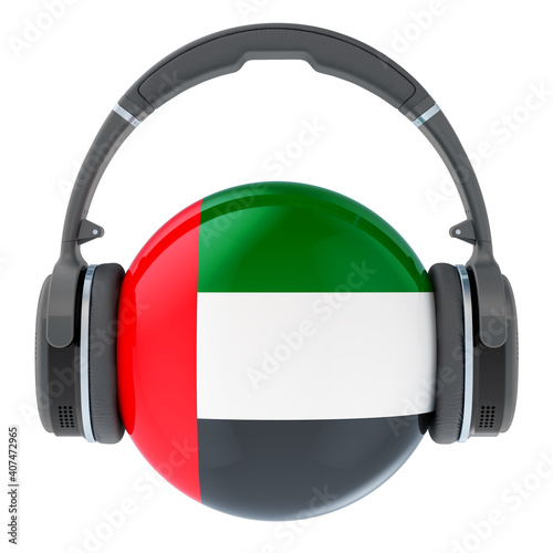 Headphones with the UAE flag, 3D rendering