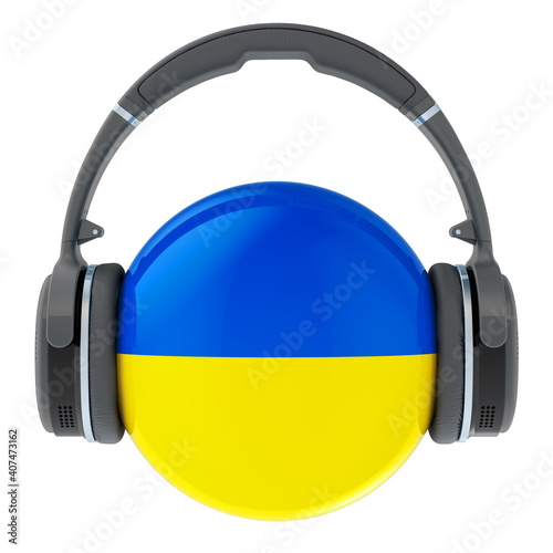 Headphones with Ukrainian flag, 3D rendering