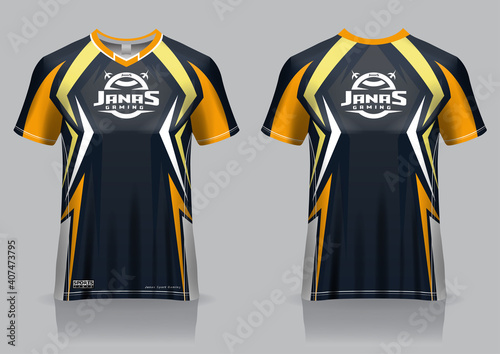 Esport gaming t shirt jersey template, uniform, front and back view