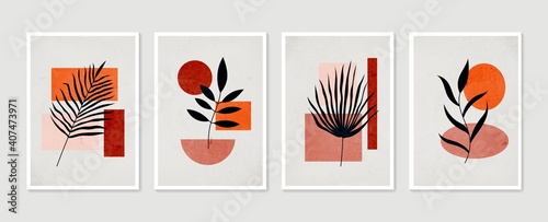 Botanical wall art vector set. Minimal and natural wall art. Boho foliage line art drawing with abstract shape. Abstract Plant Art design for print, wallpaper, cover. Modern vector illustration.