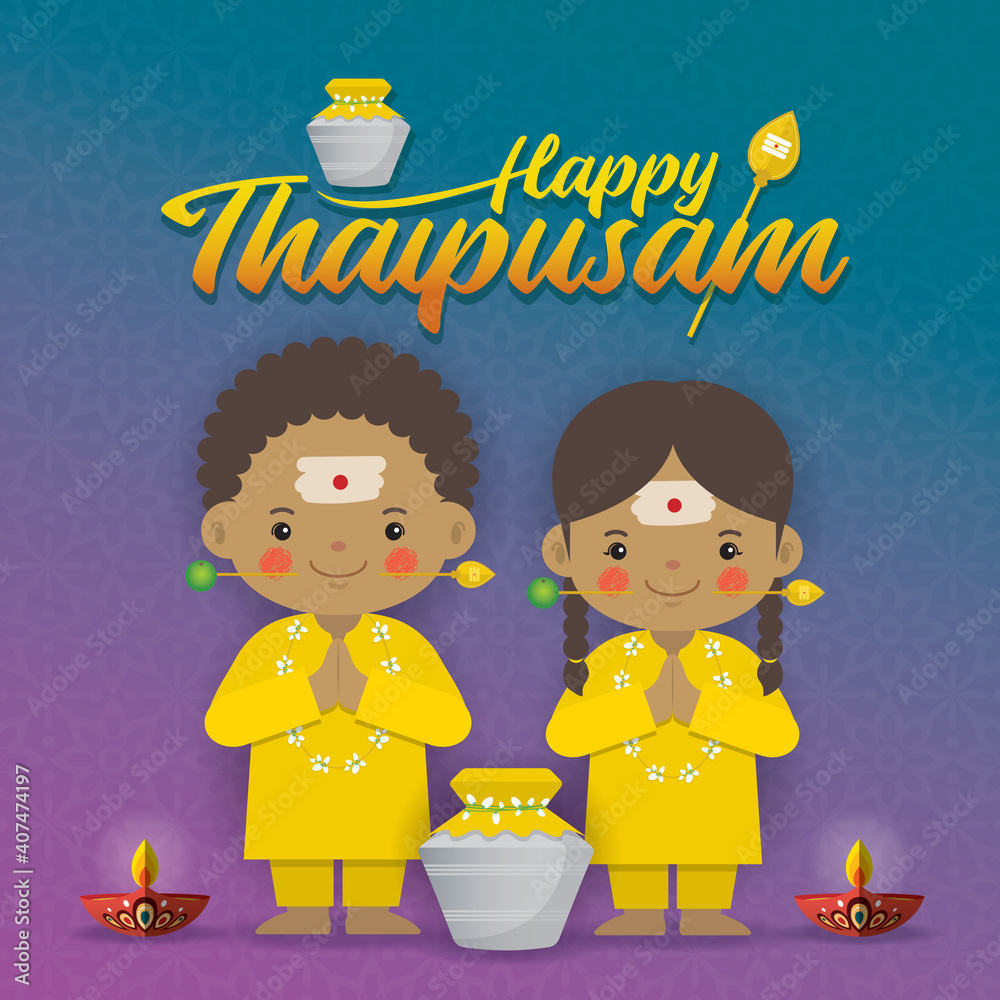 Thaipusam or Thaipoosam - a festival celebrated by the Tamil community. Cartoon  tamil kids with vel spear, paal kudam (milk pot) & diya (oil lamp) in flat  vector illustration. Stock Vector |