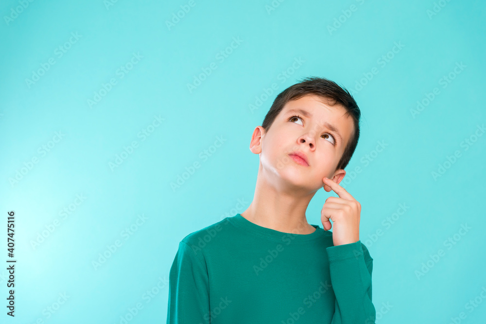 Happy, smiling boy on a blue background expresses emotions through gestures. Happy childhood concept Happy, smiling boy on a blue background expresses emotions through gestures. Happy childhood concept