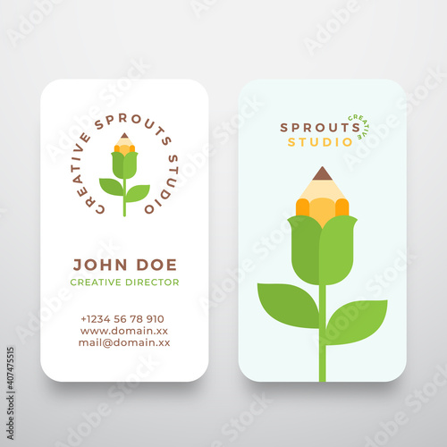 Creative Sprout Studio Abstract Modern Vector Logo and Business Card Template. Pencil Flower Flat Style Concept. Premium Stationary Realistic Mock Up. Isolated