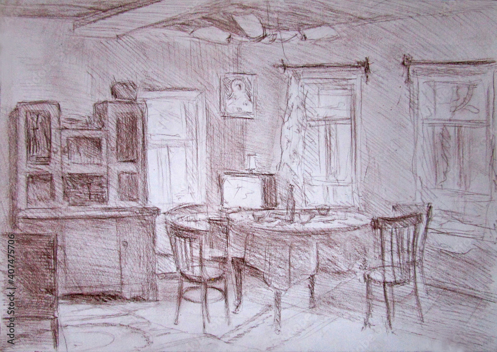 Obraz Old house interior, dining room, pastel sketch