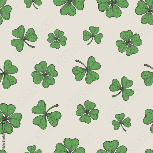 Hand Drawn Green Lucky Shamrock and Trefoil Leaves Vector Seamless Background Pattern. Saint Patrick Celebration Greeting Sketches Card, Wrapping or Cover Template