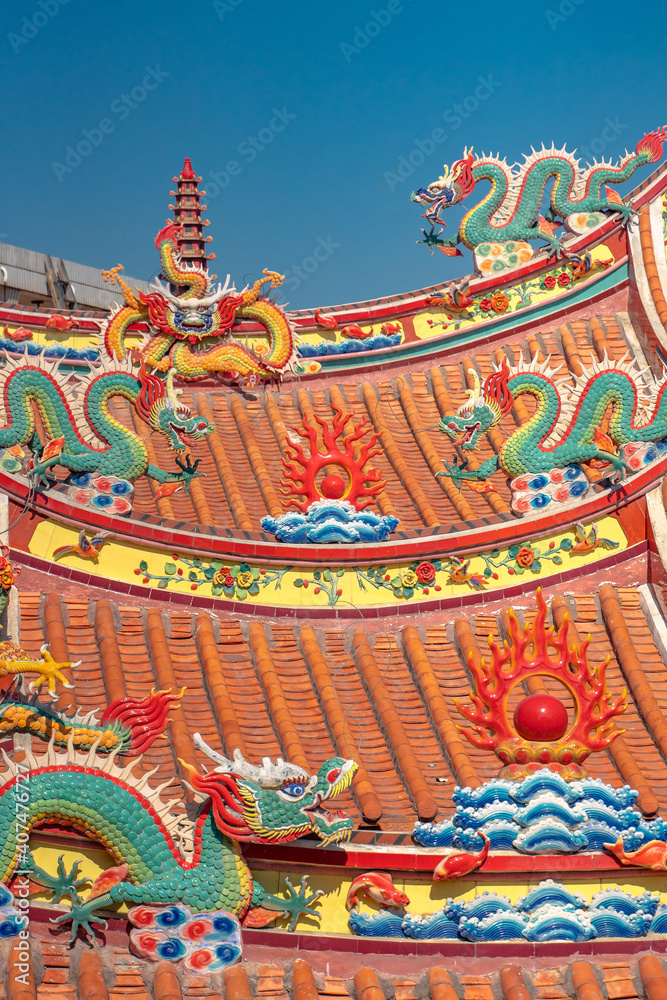 Close view of the architecture detail in Guandi Temple in Quanzhou, China.