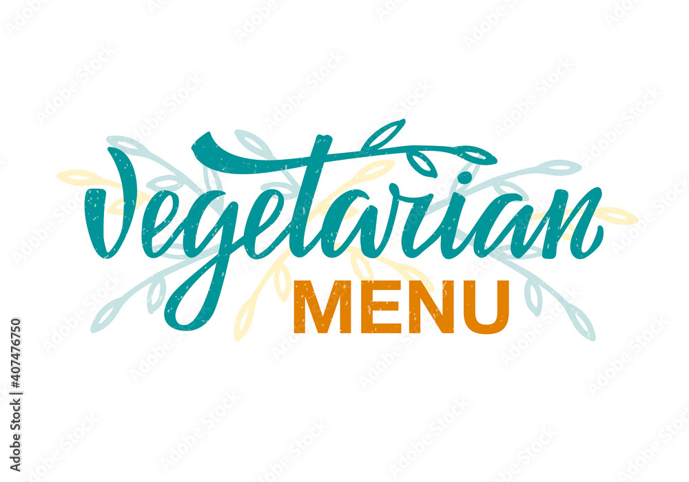 Vector illustration of vegetarian menu lettering for banner, signage, business card, advertisement, product design, healthy food guide, delivery catalogue. Handwritten creative text for web or print

