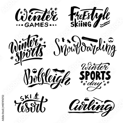 Vector illustration of winter sports emblems with lettering for banner  poster  greeting card  shop advertisement  souvenirs  stickers  clothes design. Handwritten text for web or print 