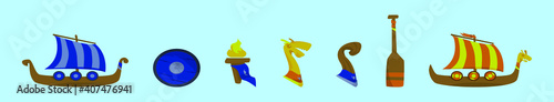 set of viking ship cartoon icon design template with various models. vector illustration isolated on blue background