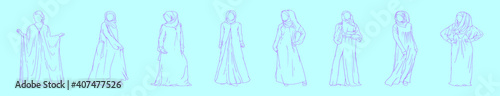 set of abaya fashion cartoon icon design template with various models. vector illustration isolated on blue background