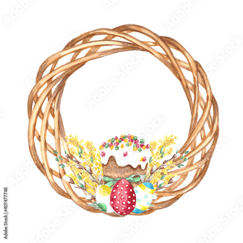 Watercolor illustration. Easter wreath.