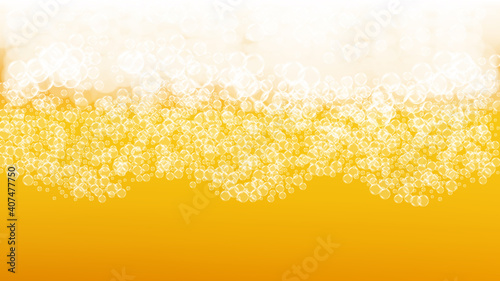 Lager beer. Background with craft splash. Oktoberfest foam. Bubbly pint of ale with realistic white bubbles. Cool liquid drink for pab menu layout. Gold glass with lager beer.