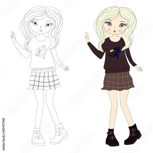 Cute blond girl in a skirt in a cage and a sweater. Vector illustration, linear drawing for coloring.