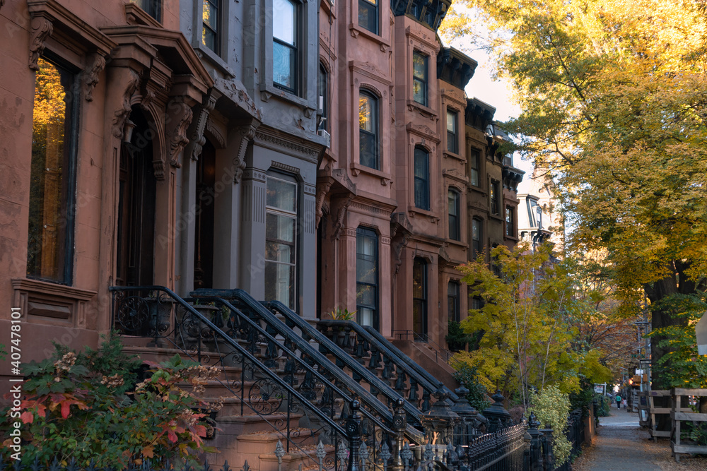 custom made wallpaper toronto digitalRow of Colorful Old Brownstone Homes with Stairs in Park Slope Brooklyn New York during Autumn