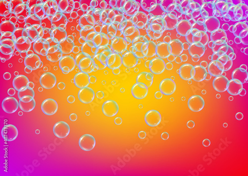 Bath bubble. Detergent soap foam and suds for bathtub. Shampoo. 3d vector illustration template. Vibrant fizz and splash. Realistic water frame and border. Rainbow colorful liquid bath bubble.