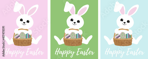 A set of greeting cards (or posters and banner) with the text: Happy Easter. White rabbit with a basket of Easter eggs. The background is pink, green and blue. Artistic vector illustration.