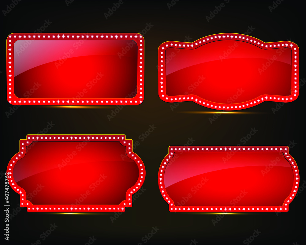 Brightly theater glowing retro cinema neon signs. Realistic billboard on dark background wall, led lights frame. Vintage signboard, cinema , billboard with lightbulp vector illustration.
