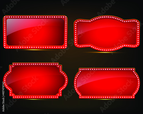 Brightly theater glowing retro cinema neon signs. Realistic billboard on dark background wall, led lights frame. Vintage signboard, cinema , billboard with lightbulp vector illustration.