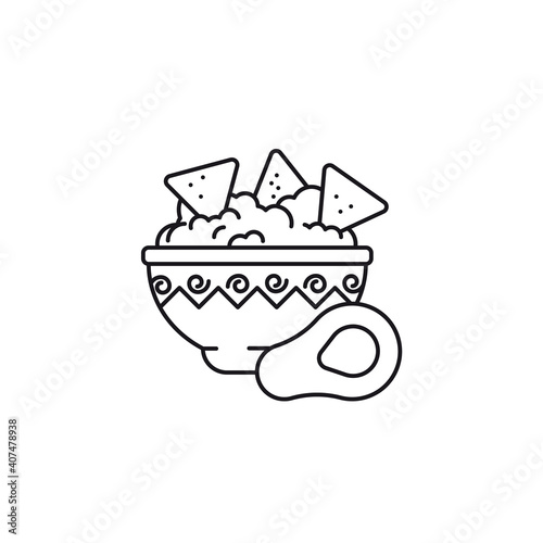 Bowl of Guacamole with tortilla chips and halved avocado vector line icon