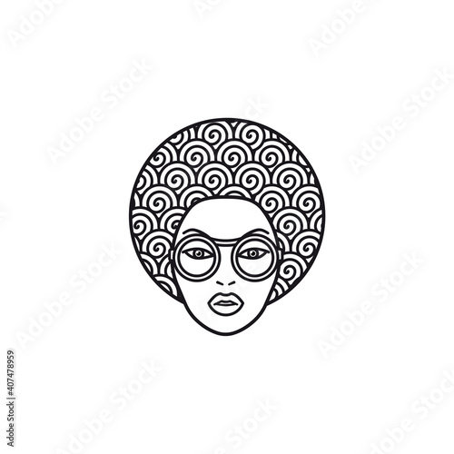 Curly hair beautiful african woman face line icon vector photo