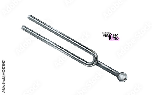 Tuning fork, realistic metal musical equipment. Acoustic resonator isolated on white background. Chrome object for tuning music instruments. 3D vintage tool, detailed. Vector illustration.