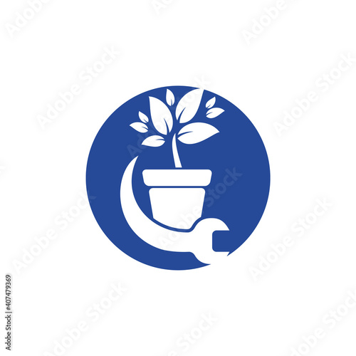 Garden fix vector logo concept. Flower pot and wrench logo icon.