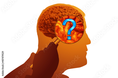 Concept de l’étude des maladies mentales, avec un homme, dont on voit apparaître le cerveau, qui est symboliquement examiné à la loupe par un scientifique.
