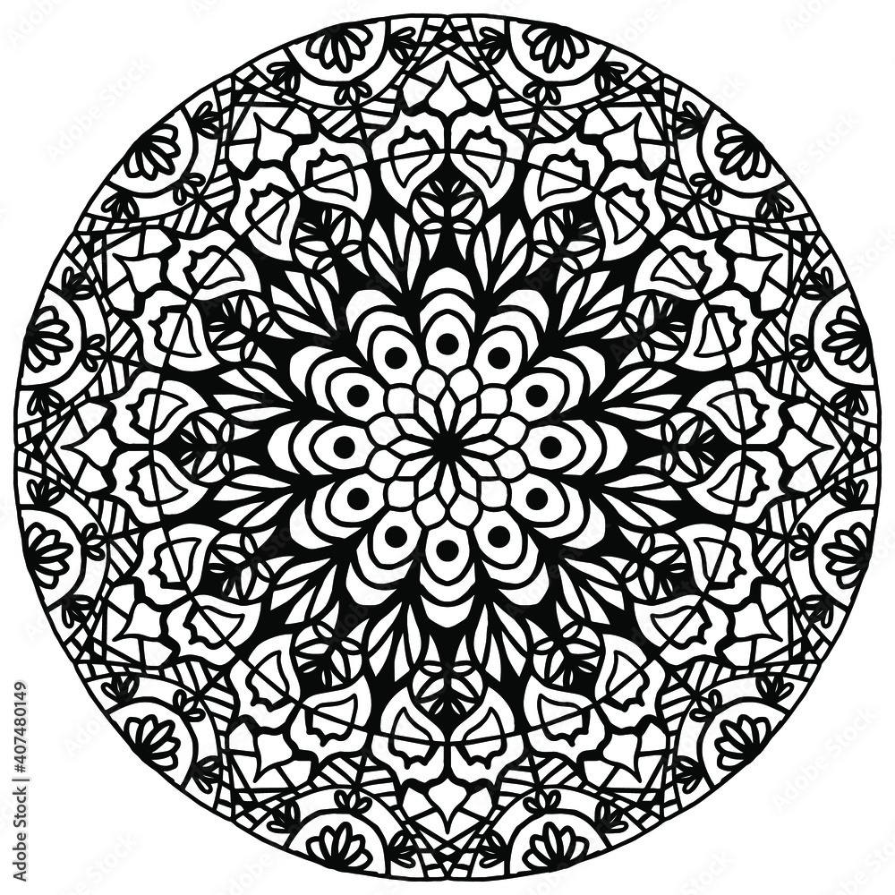 mandala drawn with ornaments and linear figures in folk style on a white background for coloring, vector, mandala