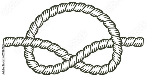 Overhand knot, rope unfilled. Knot made with a rope with the interior without coloring. photo
