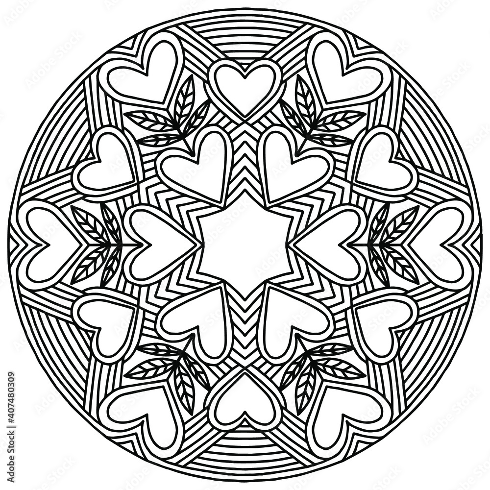 drawn mandala with hearts and abstract linear ornaments on a white background, vector drawn mandala with hearts and abstract linear ornaments on a white background, vector
