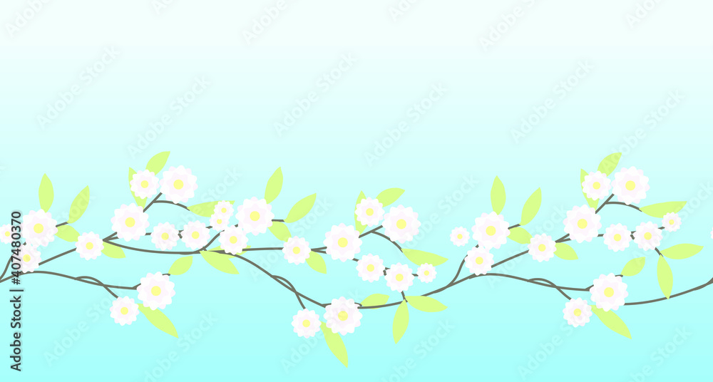 Branch with flowers, blue sky. Seamless banner. Vector illustration.