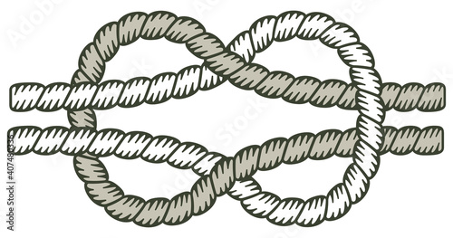Square knot, rope with fill. Knot made with a rope with the interior filled with color.