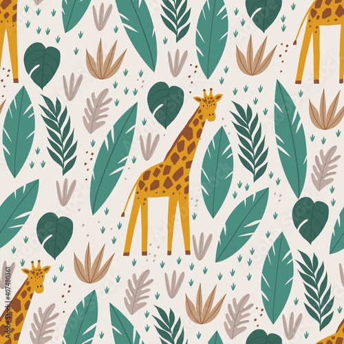 Cute wild safari African giraffe - Vector illustration. Cartoon doodle characters in scandinavian style for children. Cute giraffe seamless pattern