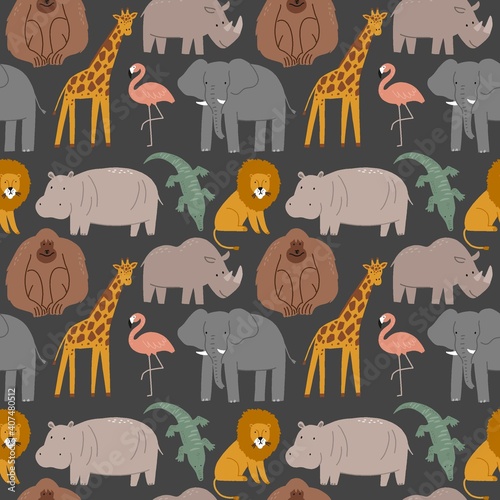 Cute wild safari African animals - Vector illustration. Seamless pattern with Elephant, hippo, giraffe, crocodile, lion, flamingo, monkey. Cartoon doodle characters in scandinavian style 